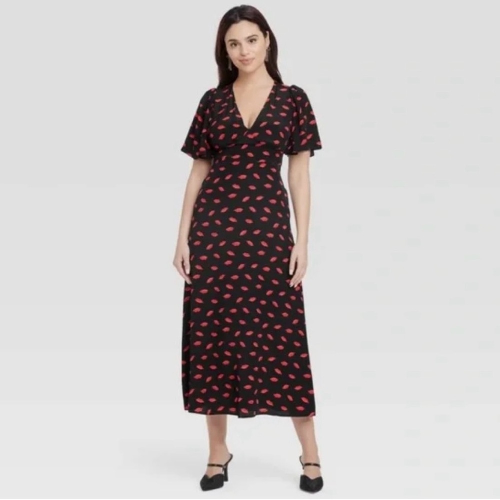 NWT Women’s A New Day Flutter Sleeve Midi Dress Sz 4 Black And Red Lips Romantic